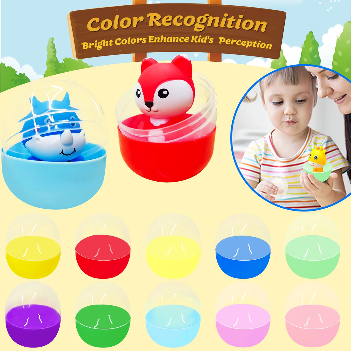 A set of colorful soft rubber animal finger puppets for kids demonstrating color recognition.