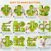 A set of tools and steps demonstrating how to easily make buttons using a DIY kit.