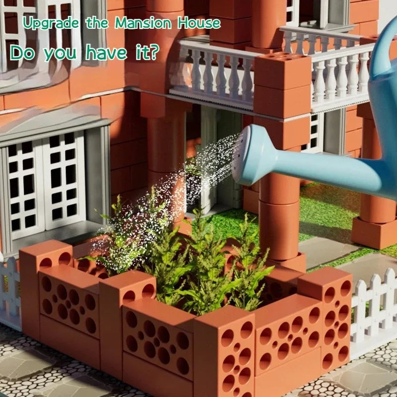A miniature brick building set featuring an orange house with white trim and a blue garden hose.