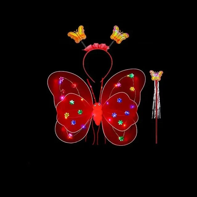 A red LED butterfly costume set featuring glowing wings, a skirt, and a wand.