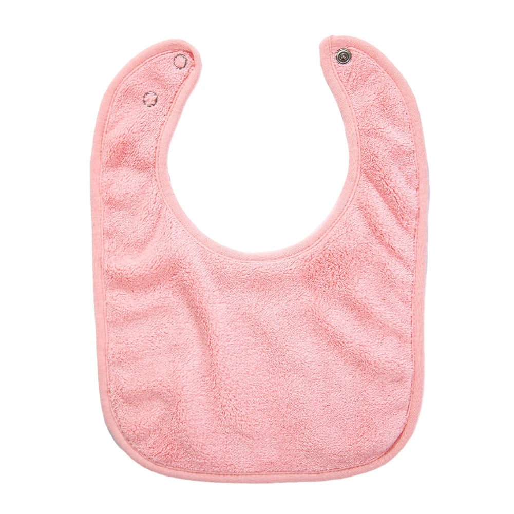 A pink soft cotton baby bib with an adjustable snap closure.