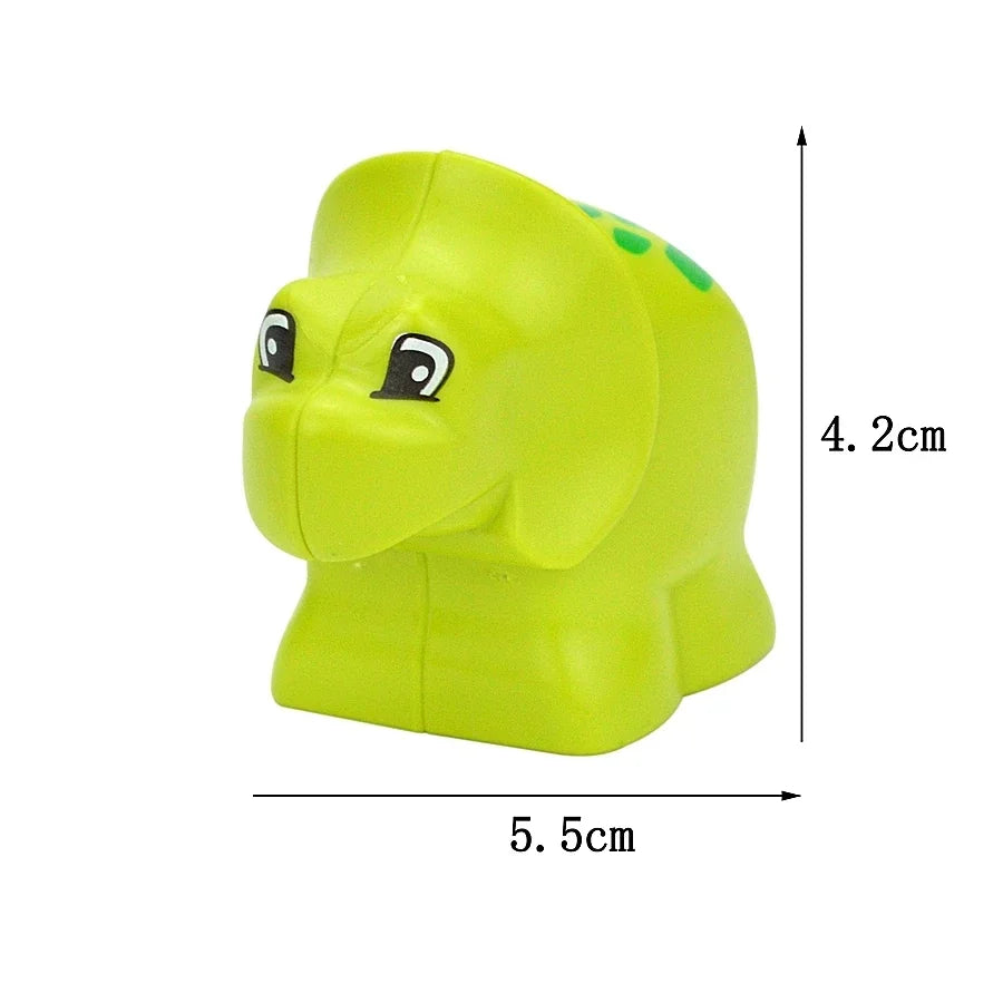 A bright lime green plastic zoo animal building block with large eyes and a textured surface.