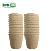 A pair of light brown biodegradable peat pots for seed starting, stacked vertically.