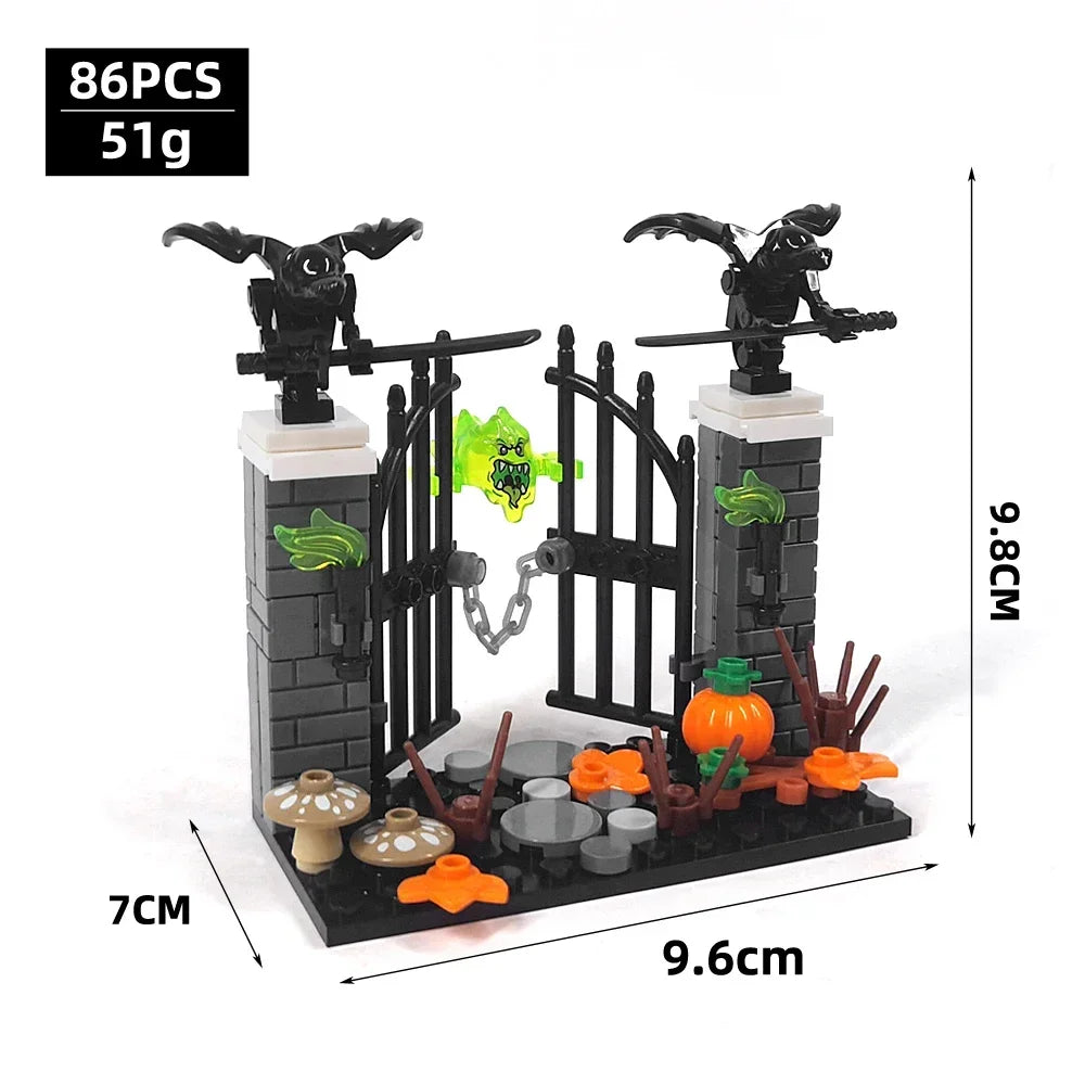 A black haunted house building block set featuring spooky figures and gates for DIY Halloween decor.