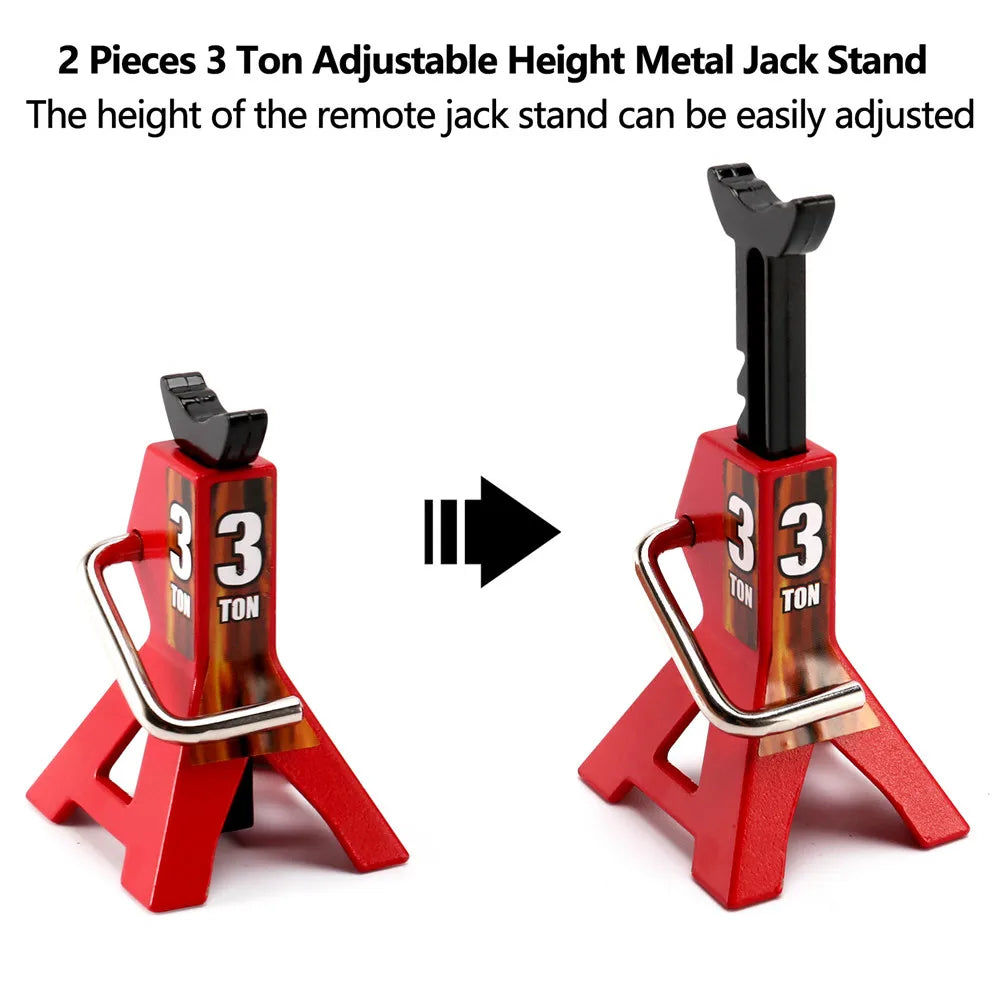 Two red metal jack stands with adjustable height and a vertical metal jack stand component.