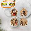 DIY set of three Christmas cottage ornaments featuring festive decorations and wooden structures