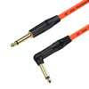 Orange and black instrument guitar cable with a right-angle connector tip