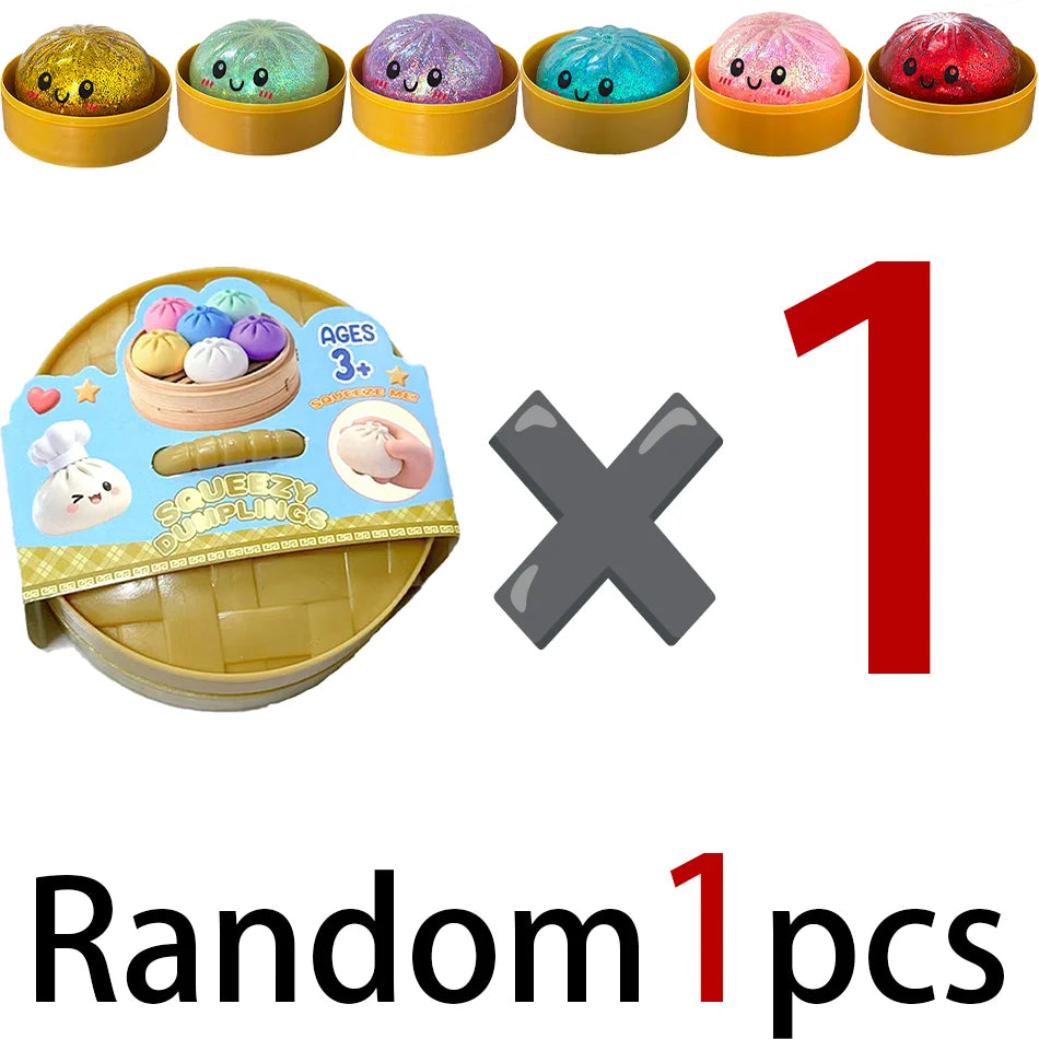 A set of ten colorful glitter dumpling squishy stress relief toys in various shades and colors.
