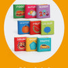A set of nine colorful cloth books featuring various concepts like food, nature, number, and shape.