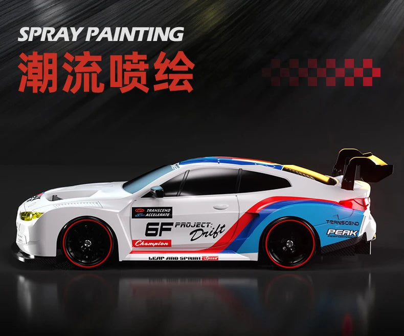 A white and blue 4WD RC drift car with custom paint and black wheels is displayed against a dark background.