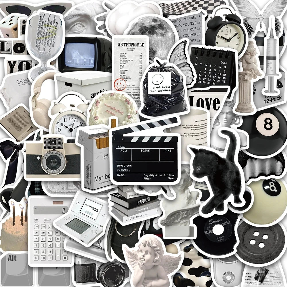 A collection of minimalist black and white stickers, including clocks, cameras, celestial bodies, and various graphic element