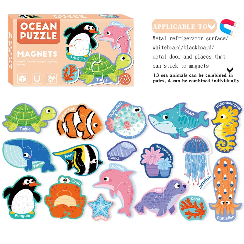 A set of magnetic sea animals including penguins, turtles, fish, whales, and more for educational puzzles.