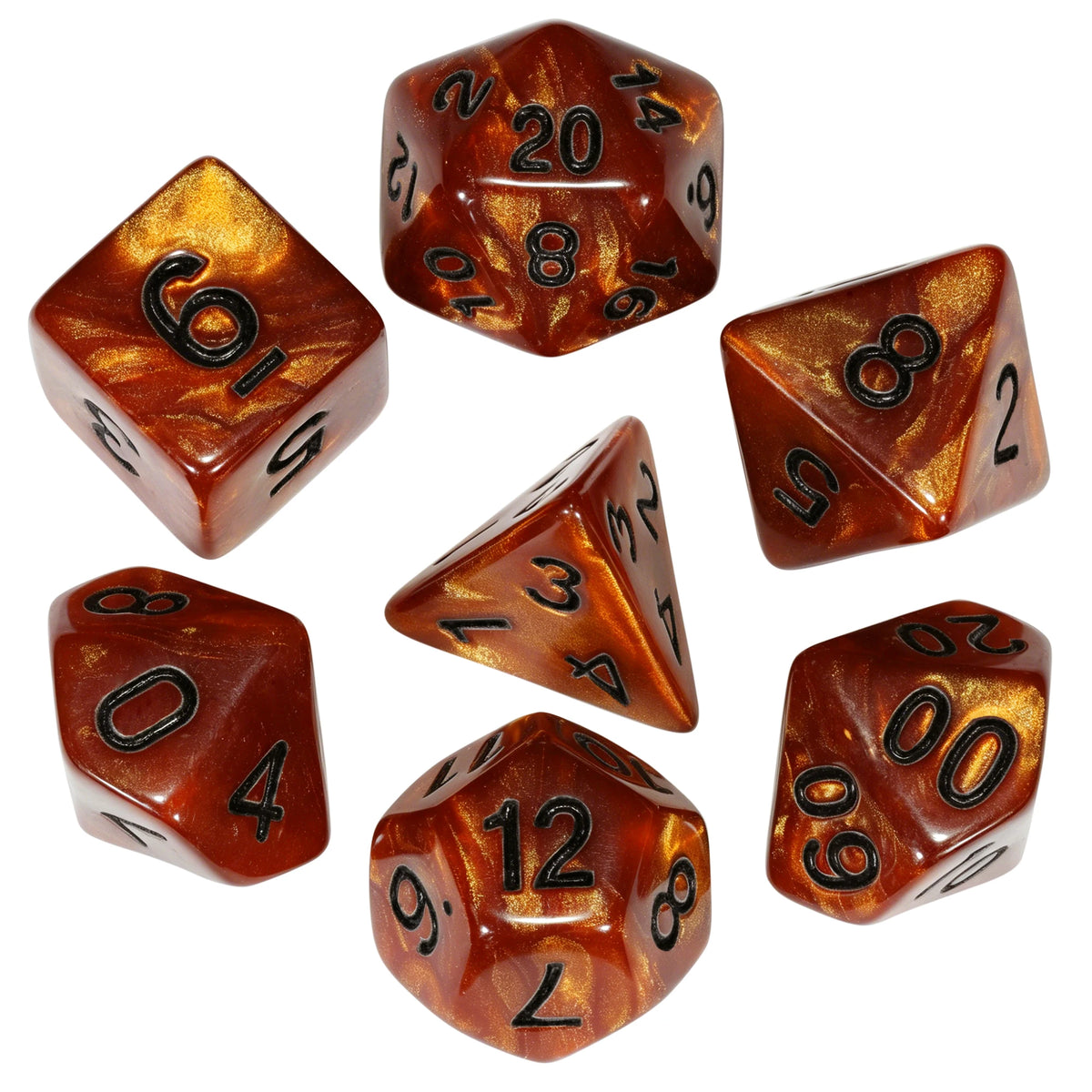 A set of seven marbled polyhedral dice in shades of amber and brown.