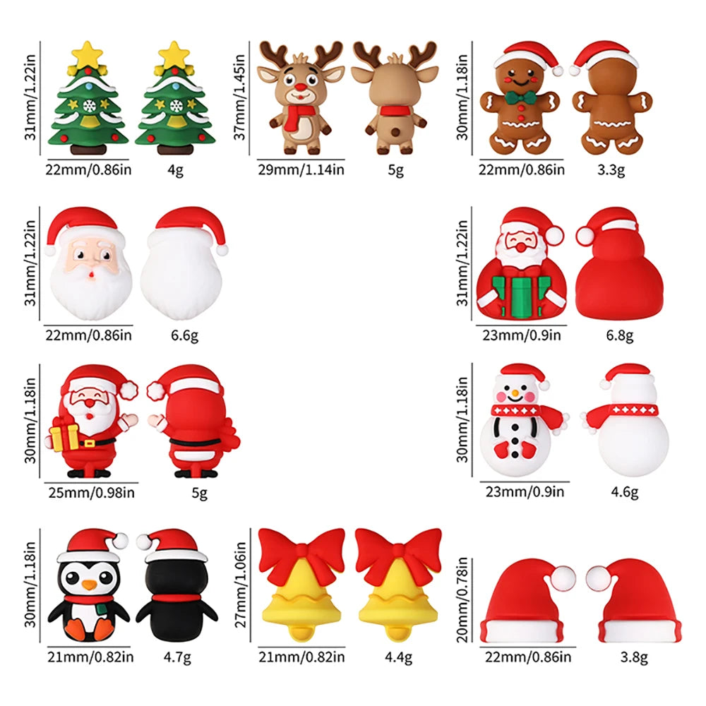 A collection of silicone beads shaped like Christmas Santas, trees, and other festive characters for craft jewelry.