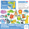 A box of animal magnetic stickers and puzzles featuring various animals like giraffe, tiger, elephant, and monkey.