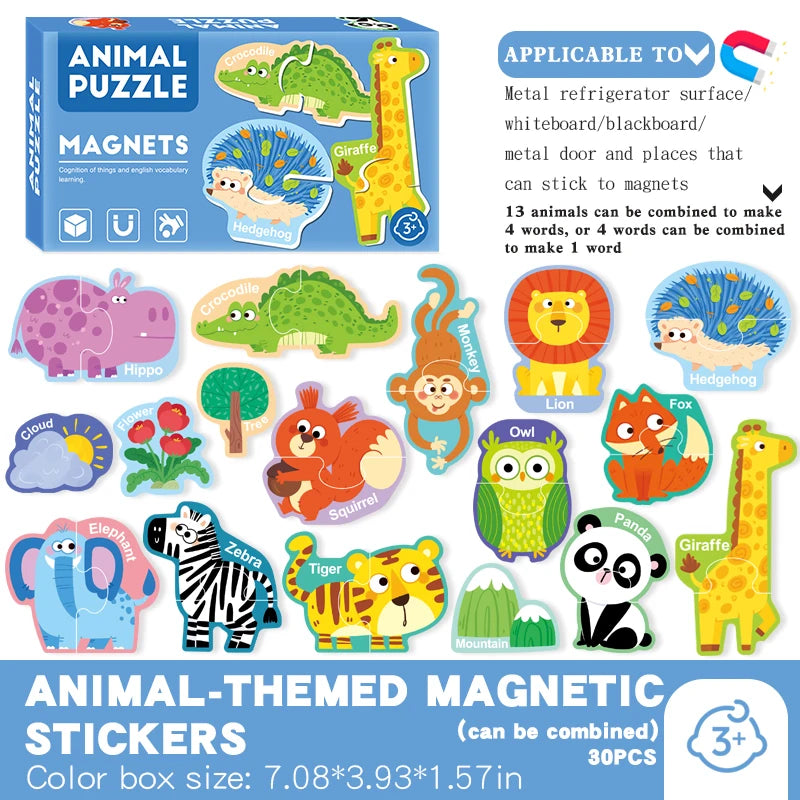 A box of animal magnetic stickers and puzzles featuring various animals like giraffe, tiger, elephant, and monkey.