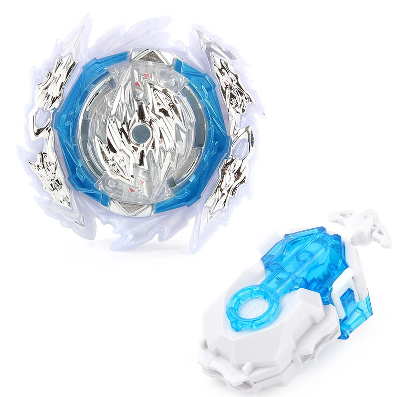 Metal spinning top battle set featuring a blue and silver spinning disc and a white launcher component
