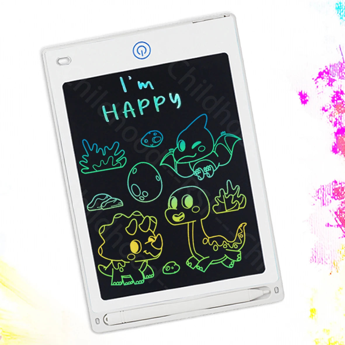 A white LCD writing tablet displaying the text I'm HAPPY in bright green and yellow handwriting.