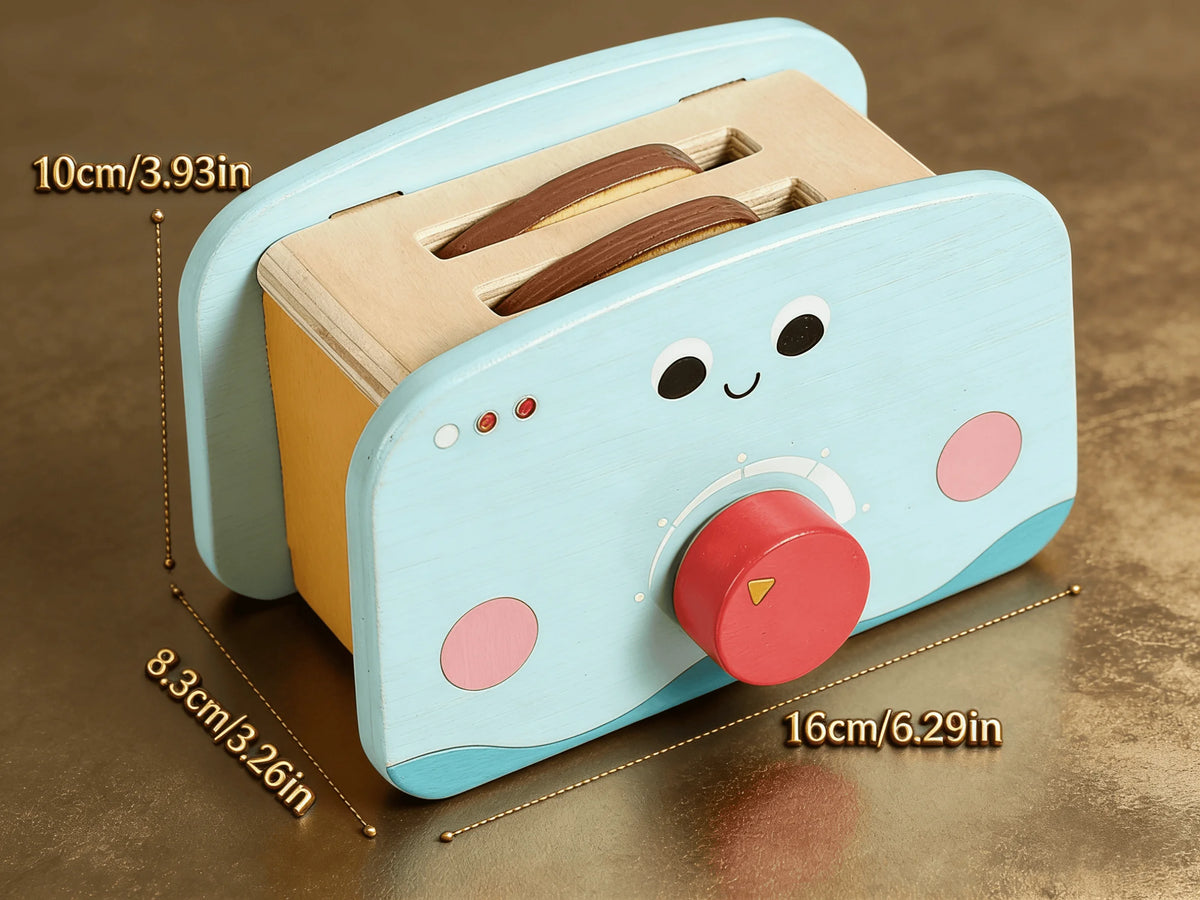 A light blue wooden kitchen play set with realistic food items and a round knob.