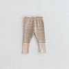 A pair of beige and white striped soft cotton baby leggings with a pink elasticized ankle design.