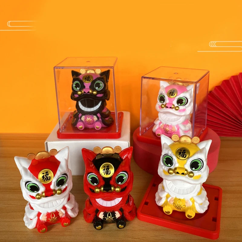 A set of solar-powered shaking head lion figurines in various colors and styles displayed in clear acrylic boxes.
