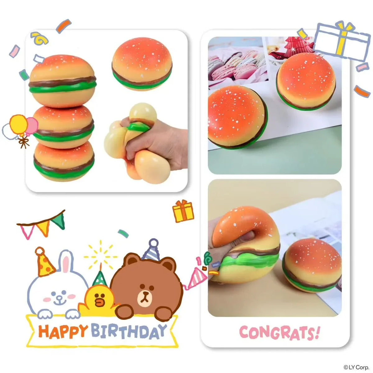 A colorful, squishy burger stress ball toy with a cute bear and bunny design for birthday celebration.