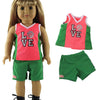 A doll outfit set featuring a pink and green sleeveless jersey top and matching shorts.
