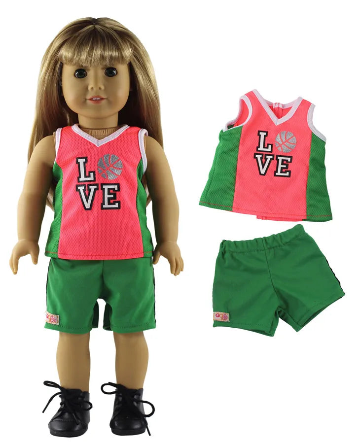 A doll outfit set featuring a pink and green sleeveless jersey top and matching shorts.