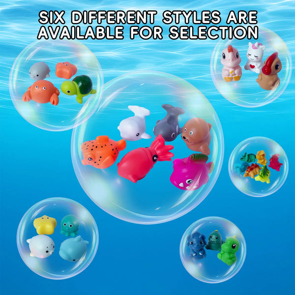 Six different styles of LED light up dinosaur bath toys are displayed in clear spheres.