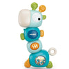 A colorful musical giraffe teether and rattle toy with various textures and shapes for babies.