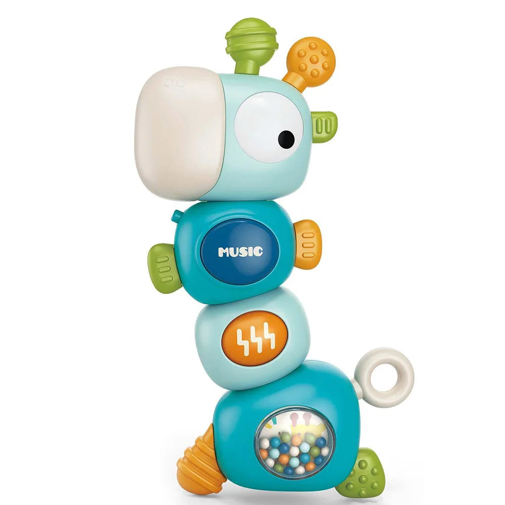 A colorful musical giraffe teether and rattle toy with various textures and shapes for babies.