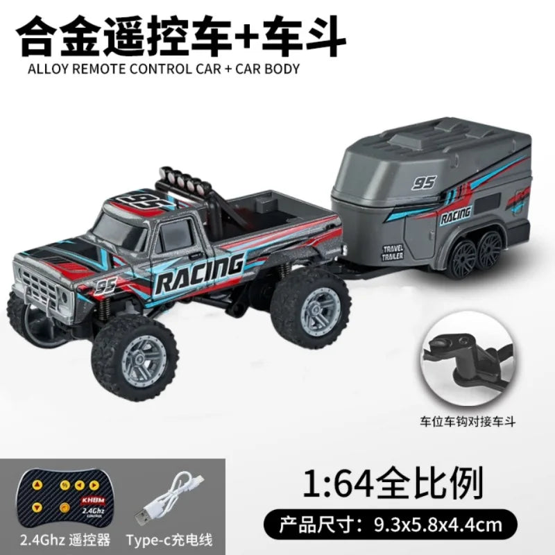 A black and red 1:64 scale alloy remote control monster truck with a car body and trailer.