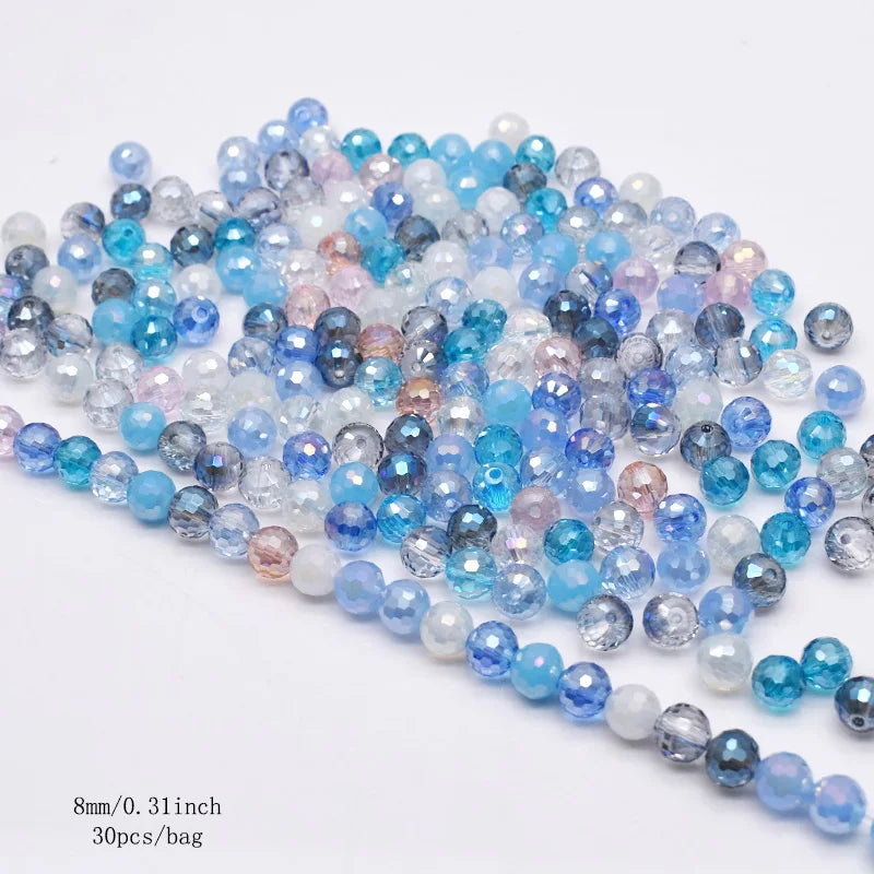 Faceted Round Crystal Glass Beads - 8mm Mixed Colors, 30-Pack
