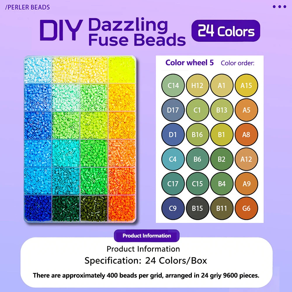 A set of 24 colors of fuse beads arranged in a grid for DIY craft projects