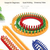 A set of round knitting loom, crochet hooks, and yarn for making knitted items like hats and scarves.