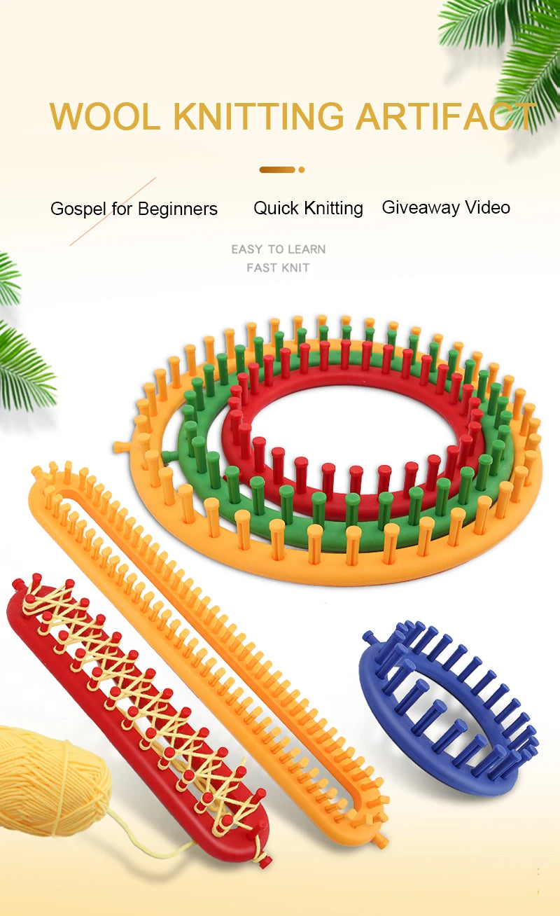 A set of round knitting loom, crochet hooks, and yarn for making knitted items like hats and scarves.