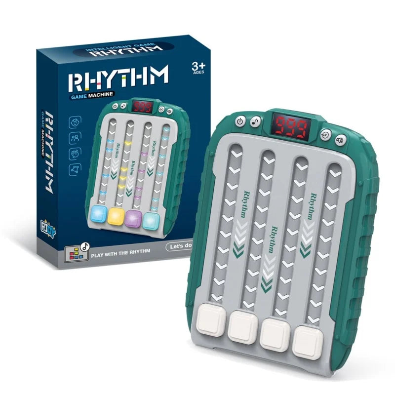 A green and gray light-up rhythm game machine for kids with multiple colored buttons.