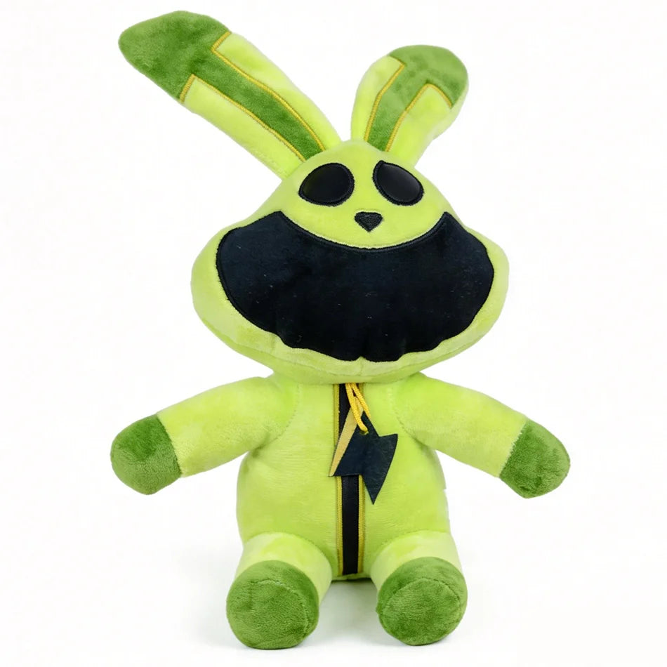 A soft green plush doll of CatNap with large ears and a black mouth.
