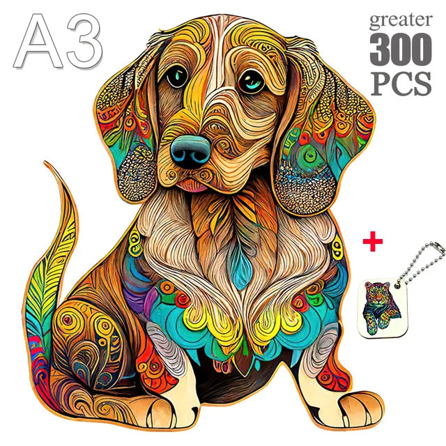A detailed, colorful illustration of a puppy dog in a seated pose, featuring intricate line work and vibrant hues.