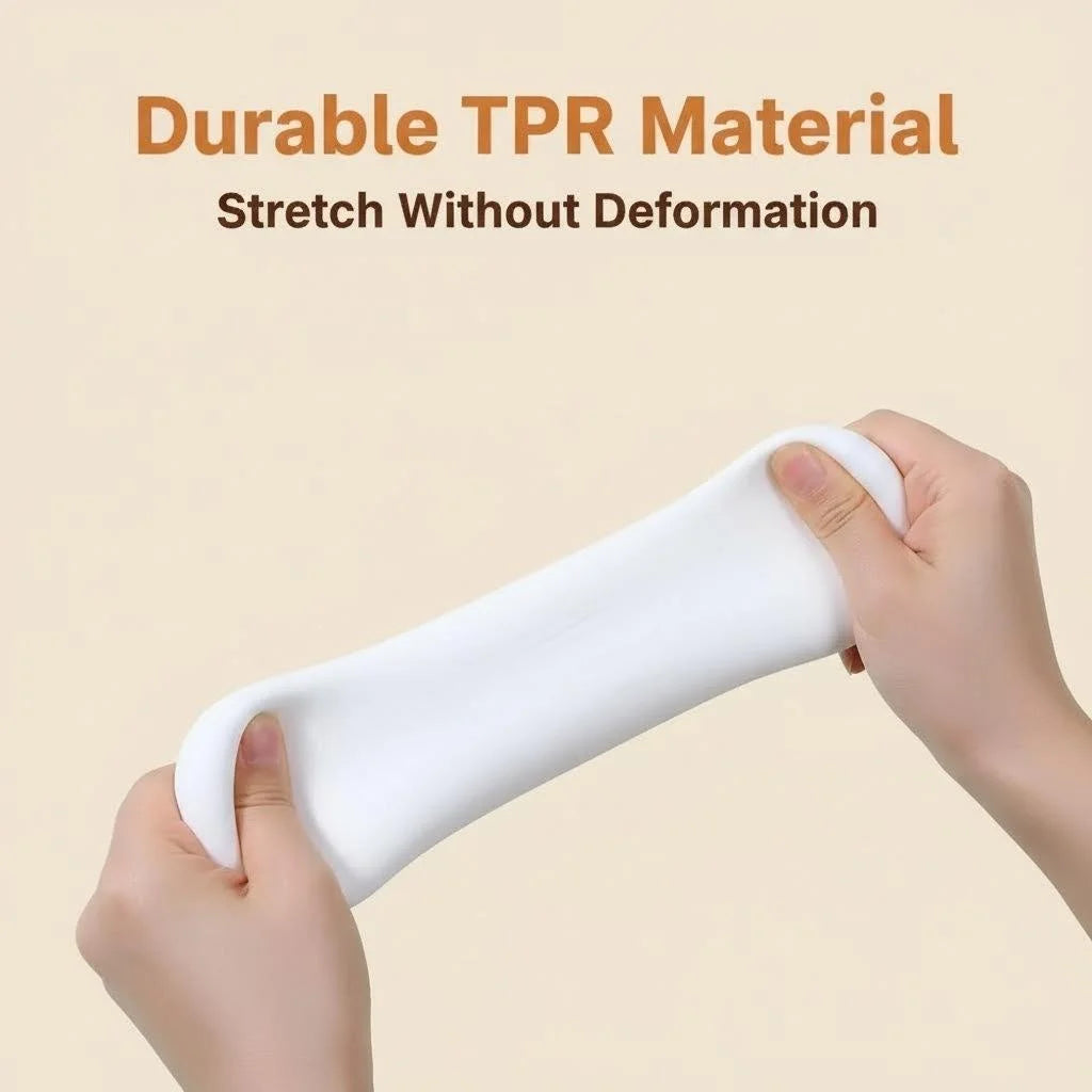 A hand is squeezing a white TPR material stress ball or dumpling squishy.