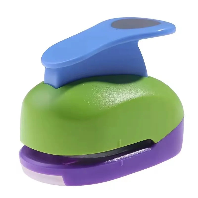 A multi-size paper hole punch tool in blue, green, and purple stacked together.