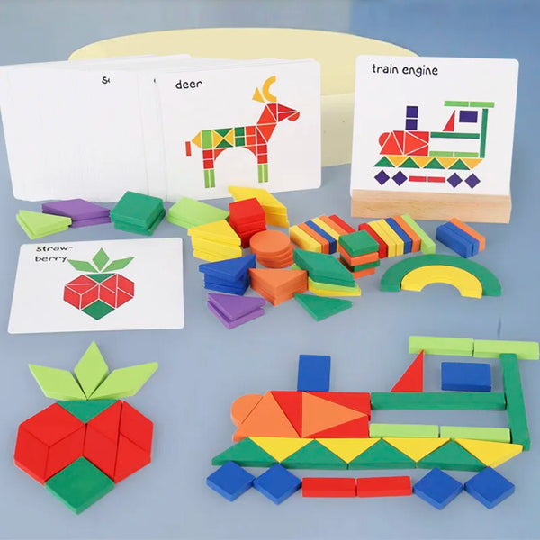 A collection of wooden shape matching puzzles and blocks in various colors like red, green, yellow, and blue.