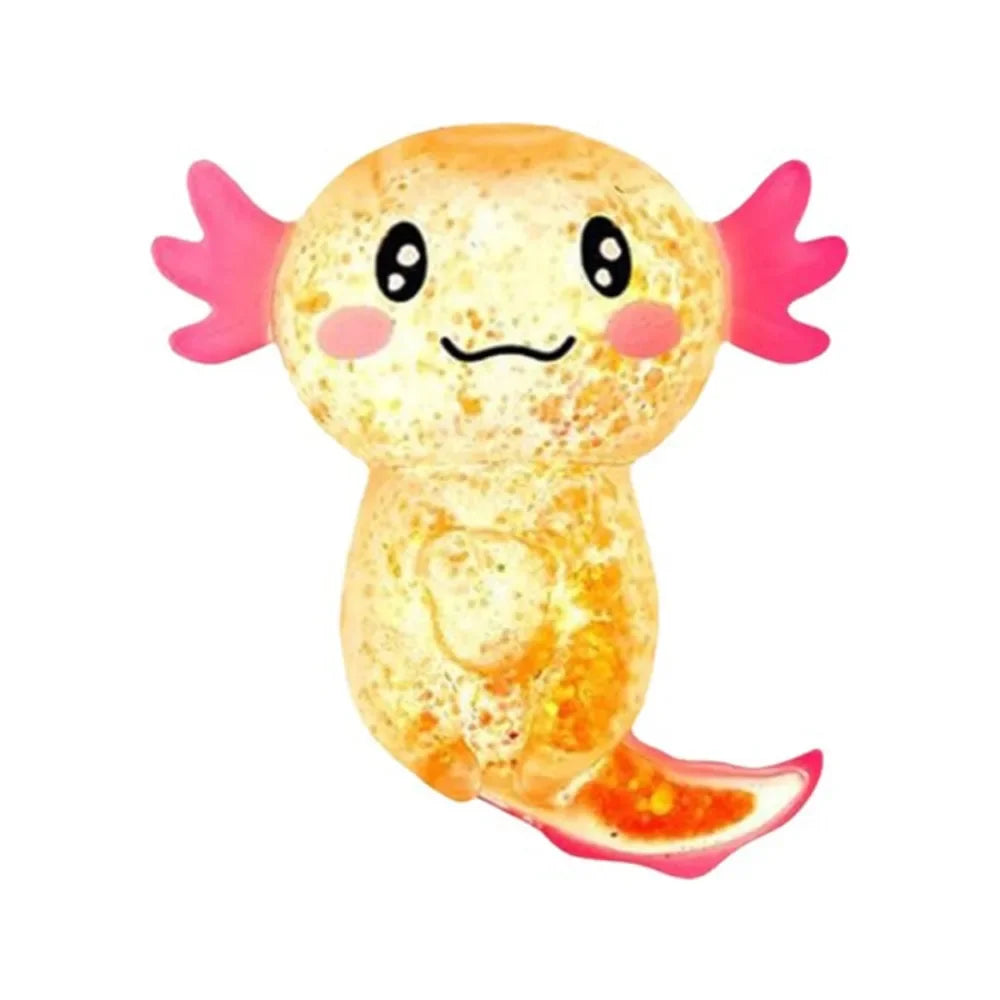 A cute, squishy axolotl stress relief fidget toy with pink gills and orange body.