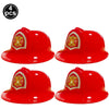 Four red firefighter helmets for kids displayed individually.