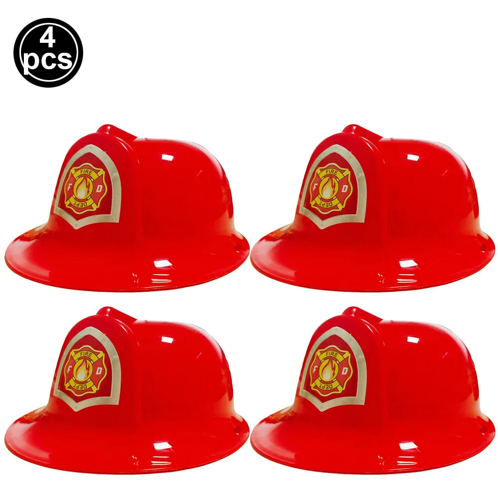 Four red firefighter helmets for kids displayed individually.