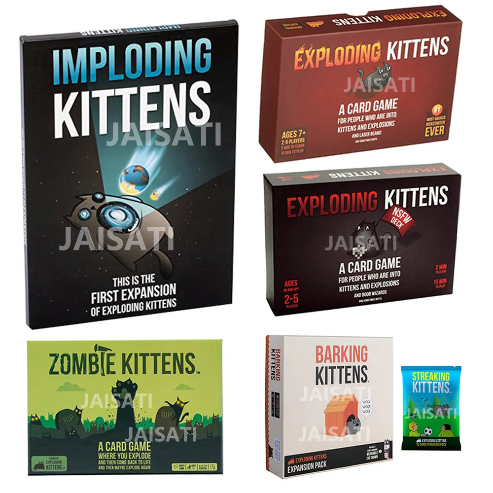 A collection of Jaisati exploding kittens card games including Imploding Kittens and Zombie Kittens