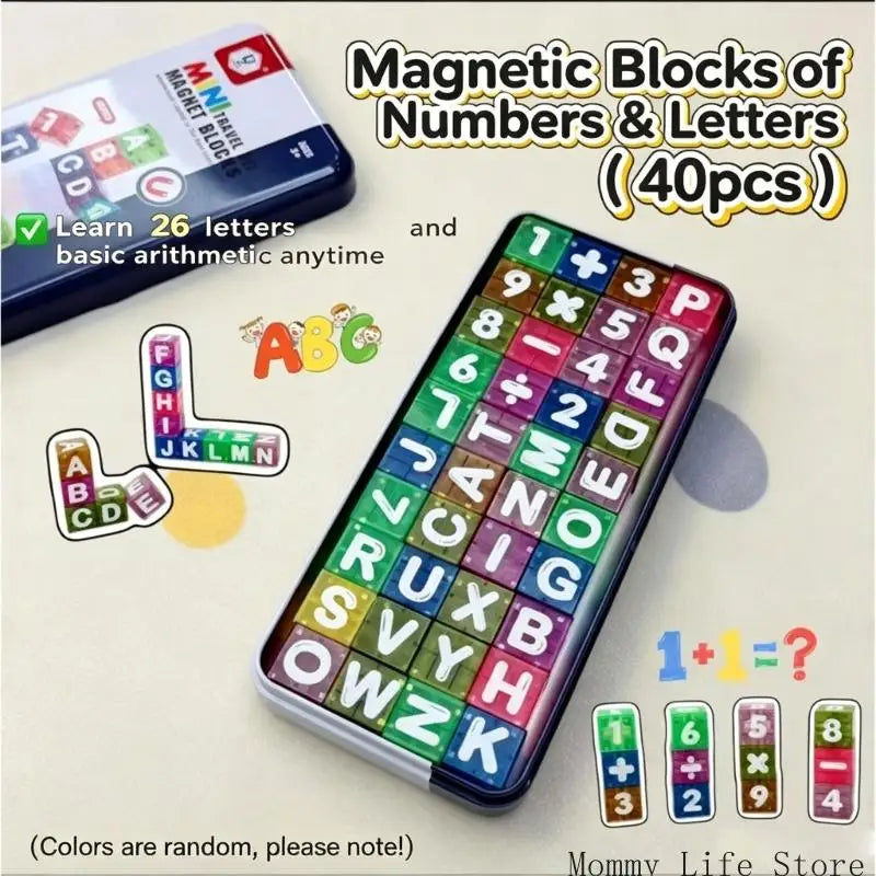A box of magnetic blocks containing 40 pieces of letters and numbers for learning basic arithmetic.