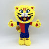 A yellow and orange cat mascot plush toy with blue accents and a football emblem.