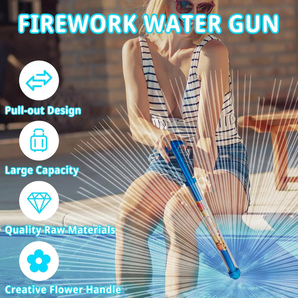 A woman holds a colorful water gun with a flower-shaped handle, demonstrating its pull-out design and large capacity.
