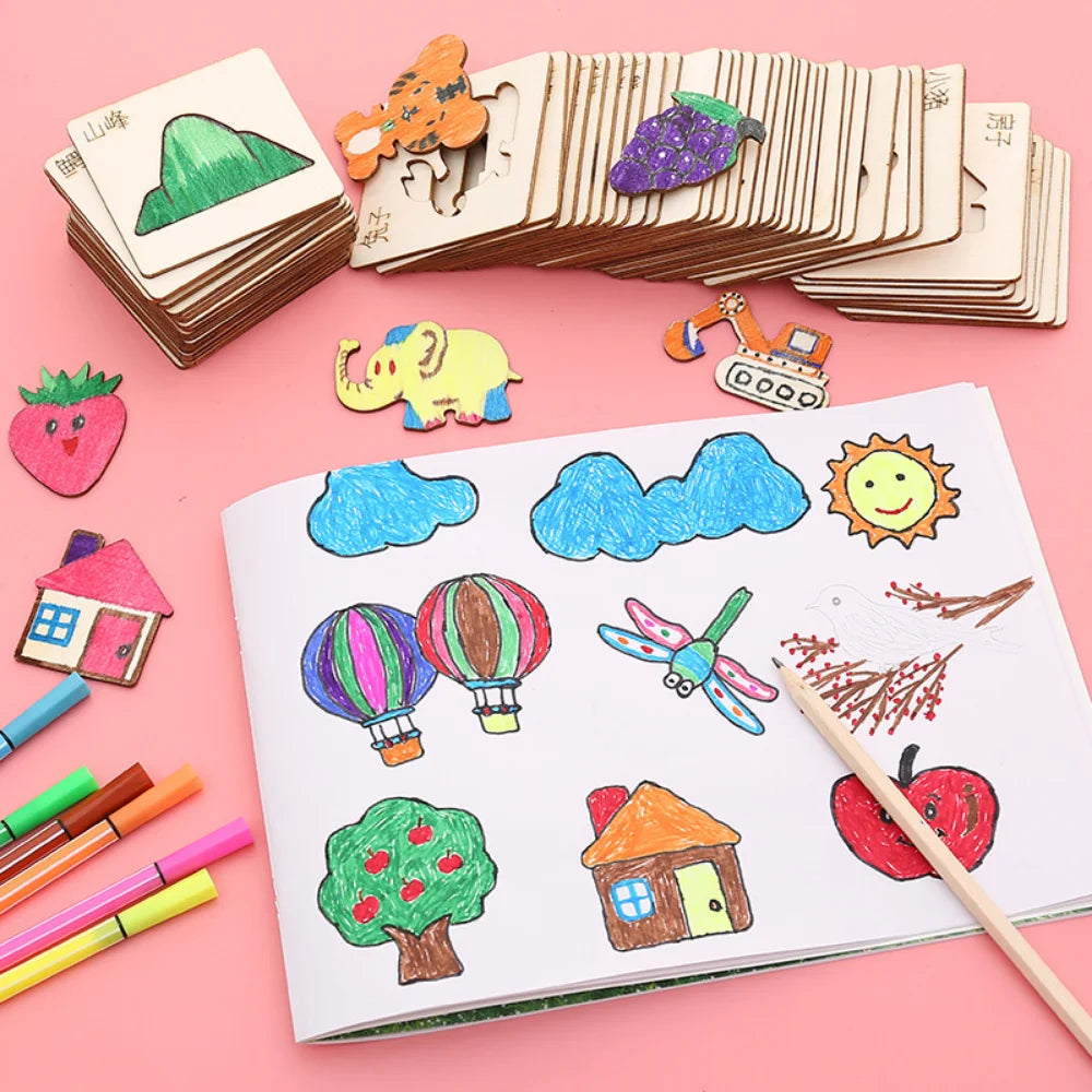 Montessori Wooden Drawing Stencils Set for Kids - 20pc Creative Painting Templates